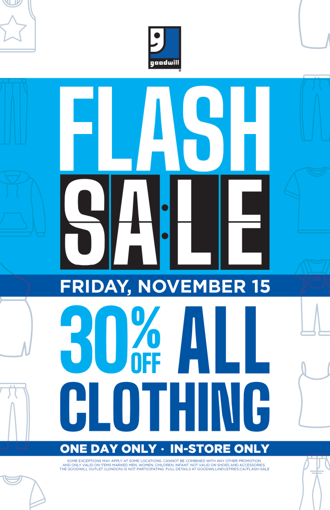 Goodwill 30% off flash sale on Friday, November 15, 2024